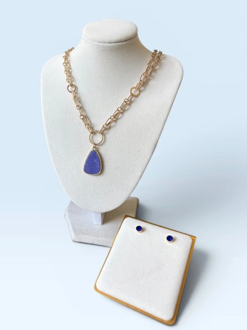 Goldtone Double Chain Necklace with a Blue Glass Pendant by Plunder Design - Picture 3 of 11